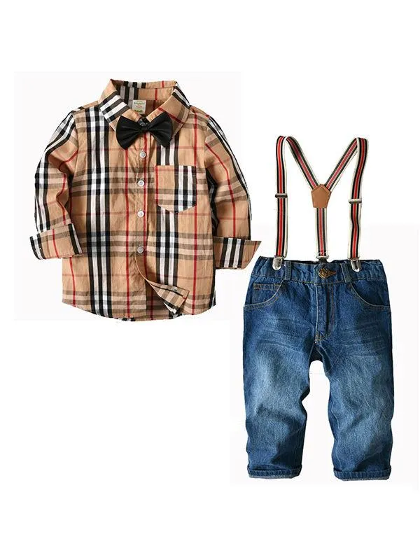 4-piece Outfit Sets Striped Shirt Jeans Belt Bowtie Set Long-sleeve Top For Toddlers Boys