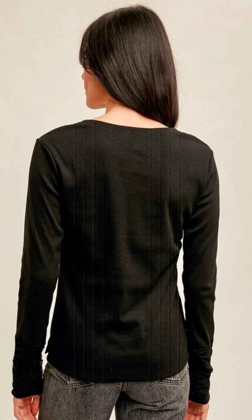 Agana Black Lace Inset Cuff Detail Knit Top
