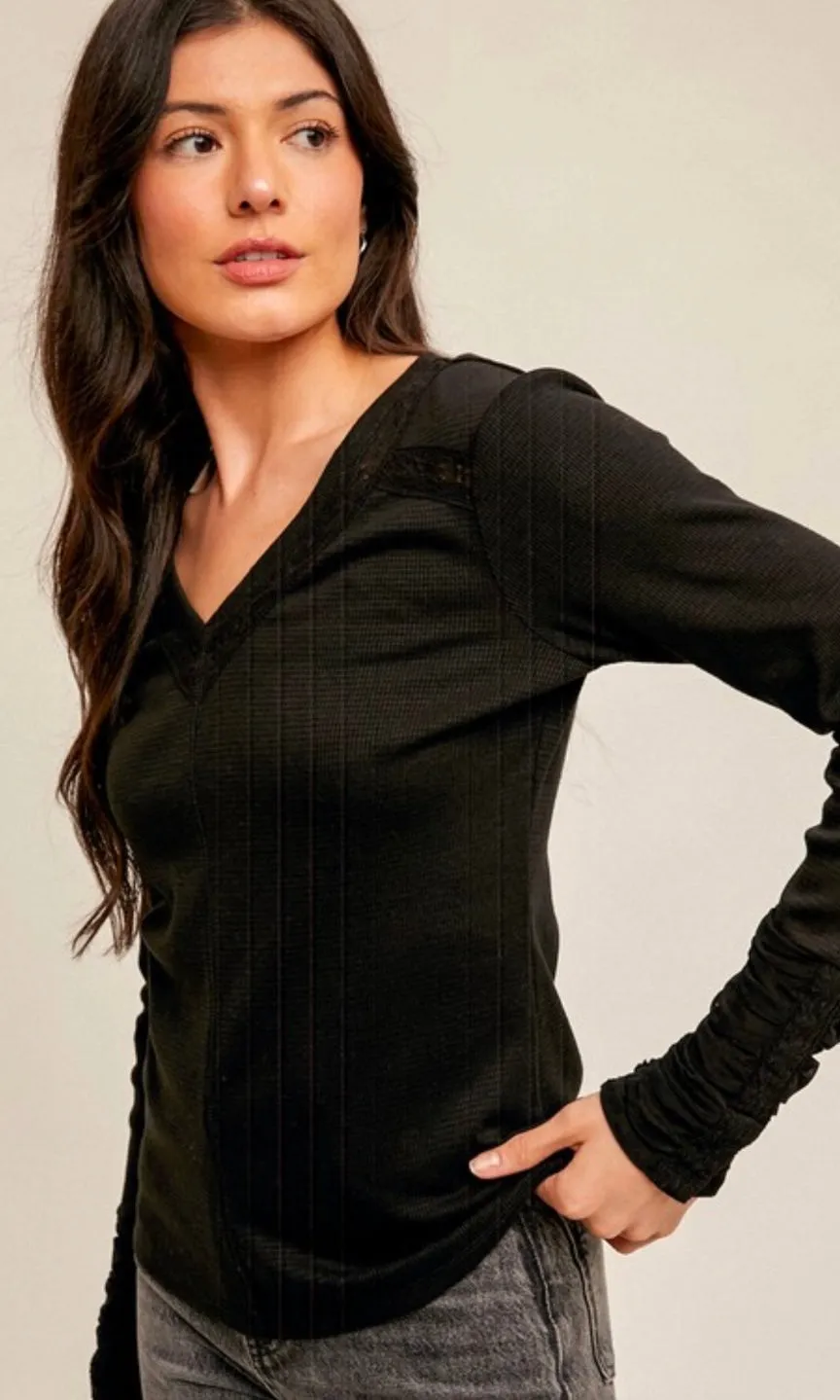 Agana Black Lace Inset Cuff Detail Knit Top