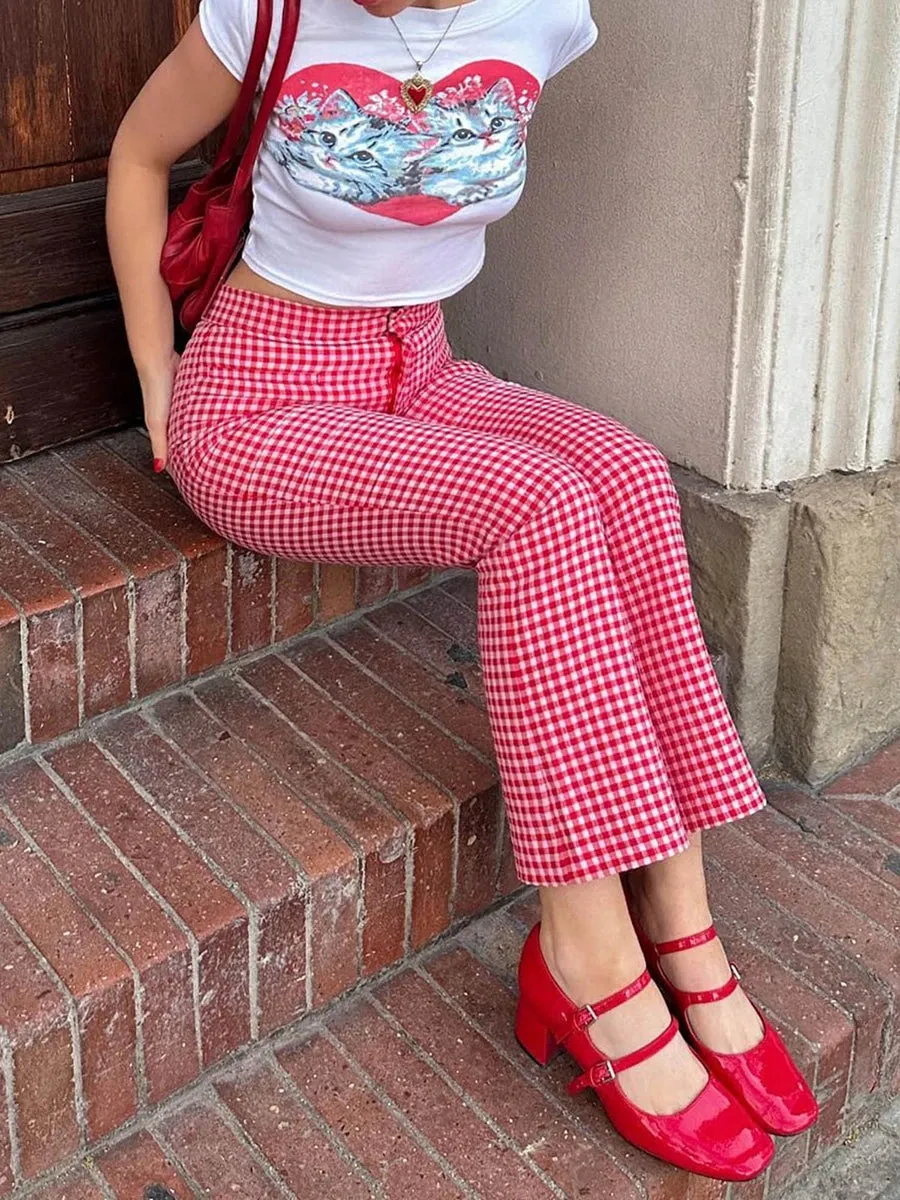 Aiertu Women Red Gingham Straight Leg Flare Pants High Waist Plaid Checkerboard Printed Y2k Vintage Trousers Summer Streetwear