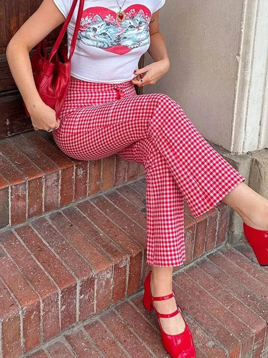 Aiertu Women Red Gingham Straight Leg Flare Pants High Waist Plaid Checkerboard Printed Y2k Vintage Trousers Summer Streetwear