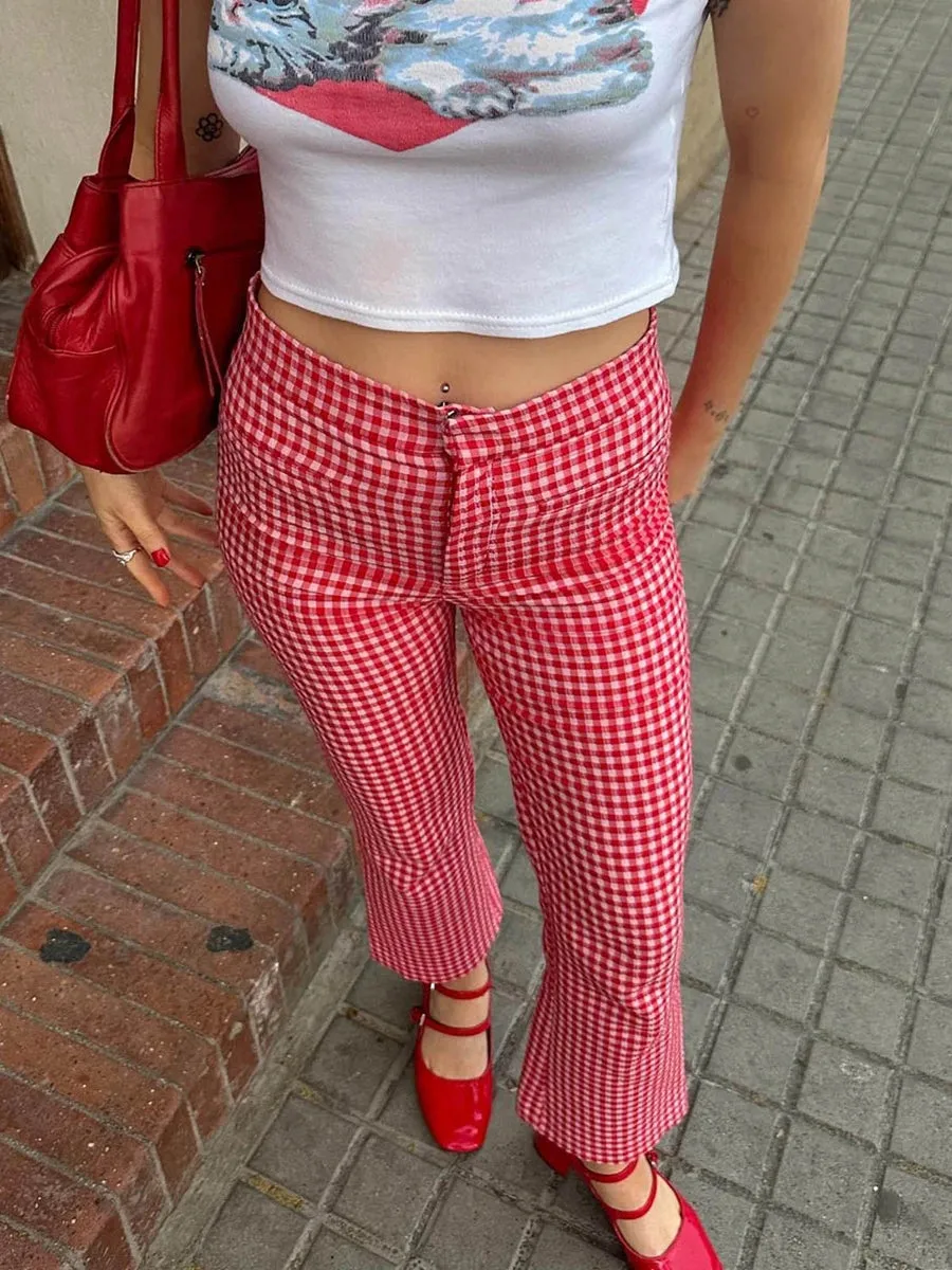 Aiertu Women Red Gingham Straight Leg Flare Pants High Waist Plaid Checkerboard Printed Y2k Vintage Trousers Summer Streetwear