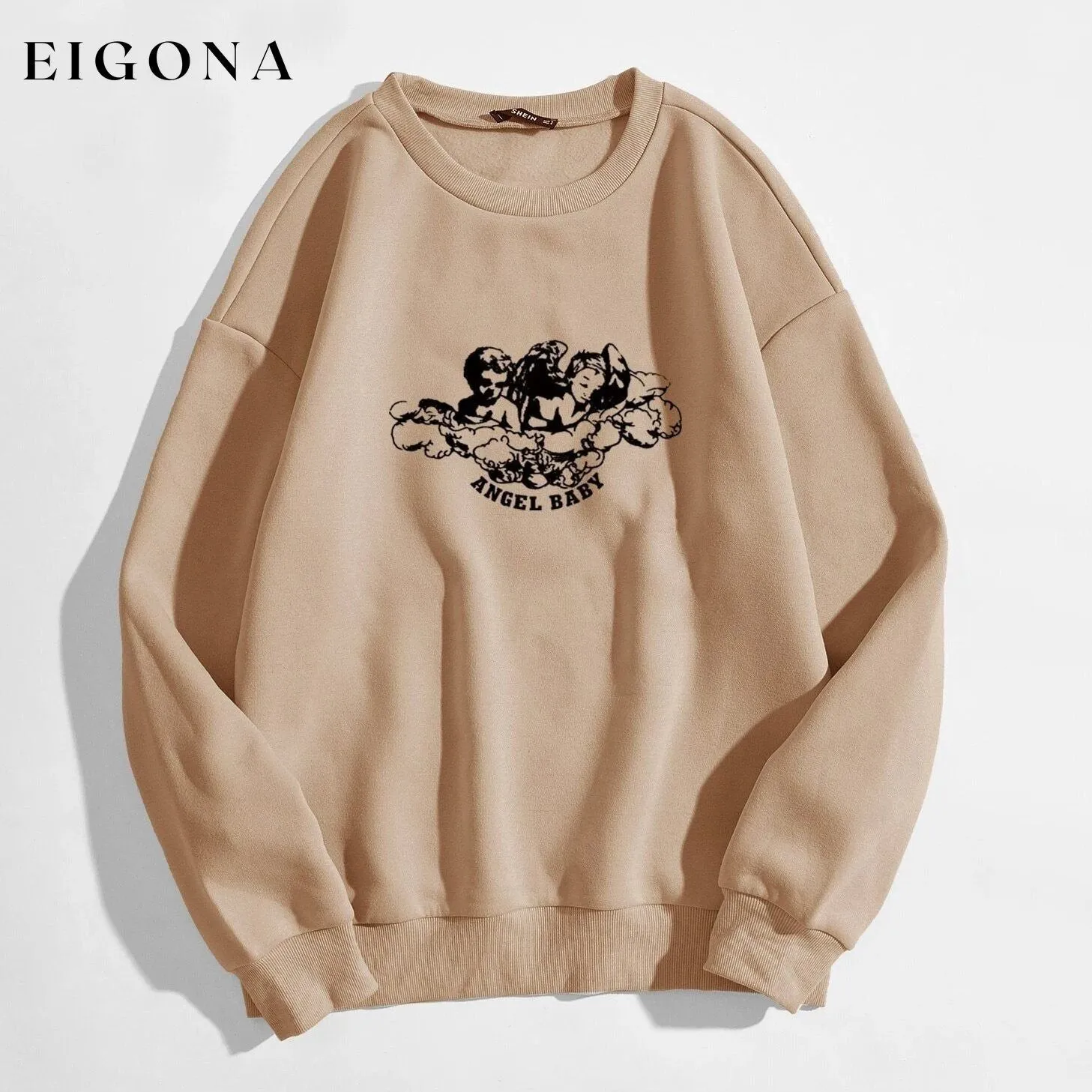 Angel and Letter Graphic Oversized Thermal Sweatshirt