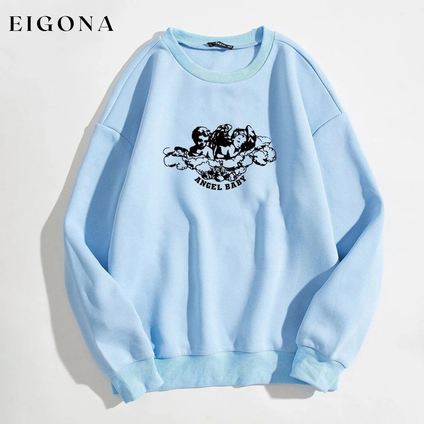 Angel and Letter Graphic Oversized Thermal Sweatshirt