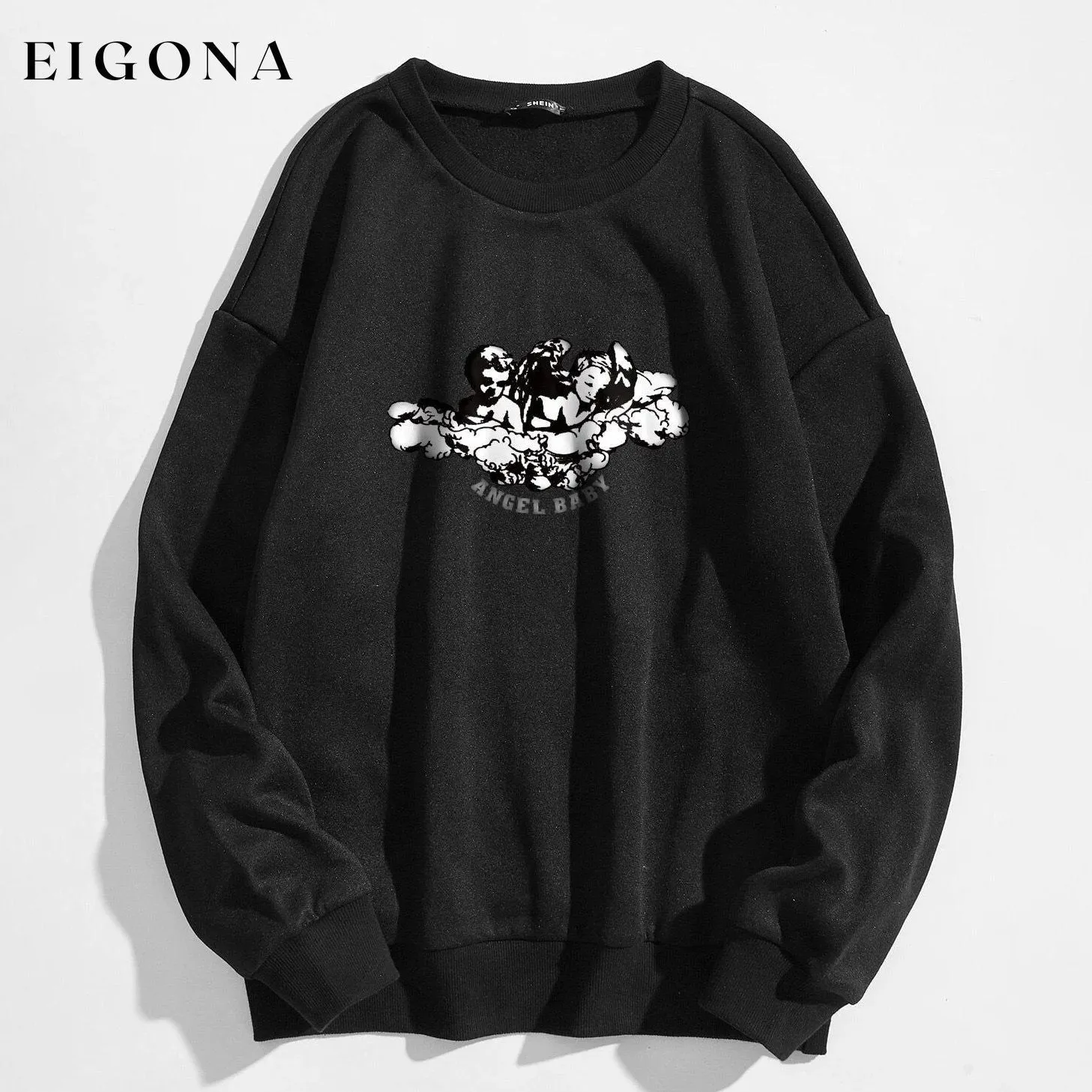 Angel and Letter Graphic Oversized Thermal Sweatshirt