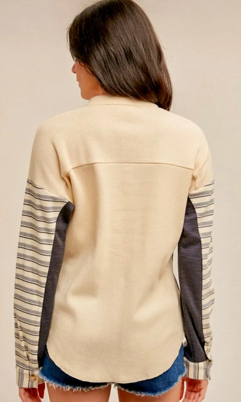 Atahny Cream / Grey Stripe Contrast Thermal Knit Shacket Jacket Top