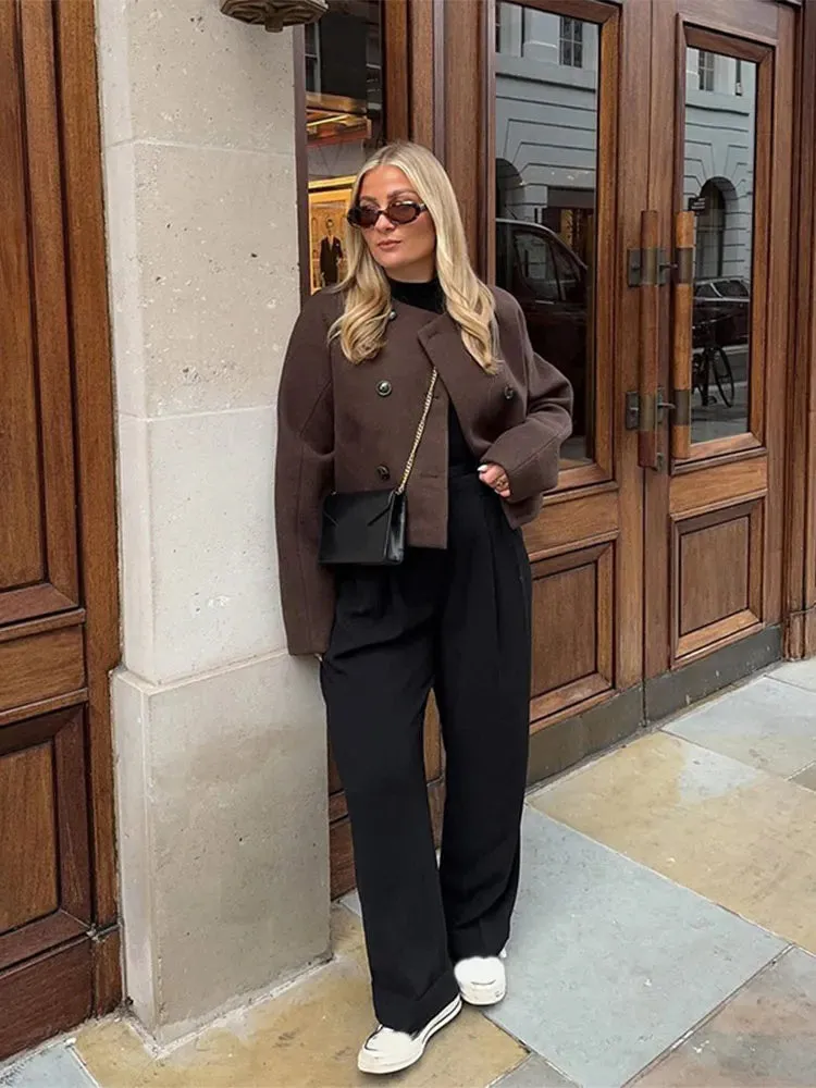 Back To School Joskaa Double Breasted Fashion Long Sleeved Women's Woolen Coat Casual Solid Color O-neck Jacket 2024 Autumn Winter Street Ladies Coats