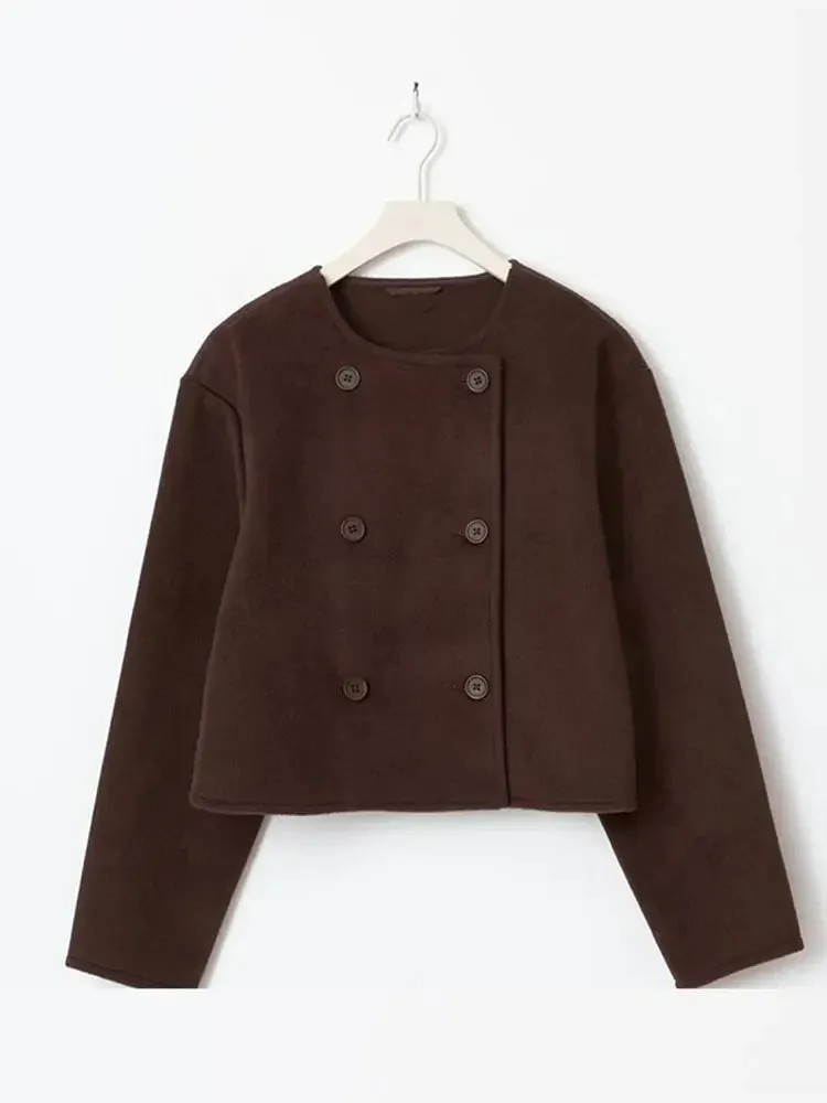 Back To School Joskaa Double Breasted Fashion Long Sleeved Women's Woolen Coat Casual Solid Color O-neck Jacket 2024 Autumn Winter Street Ladies Coats