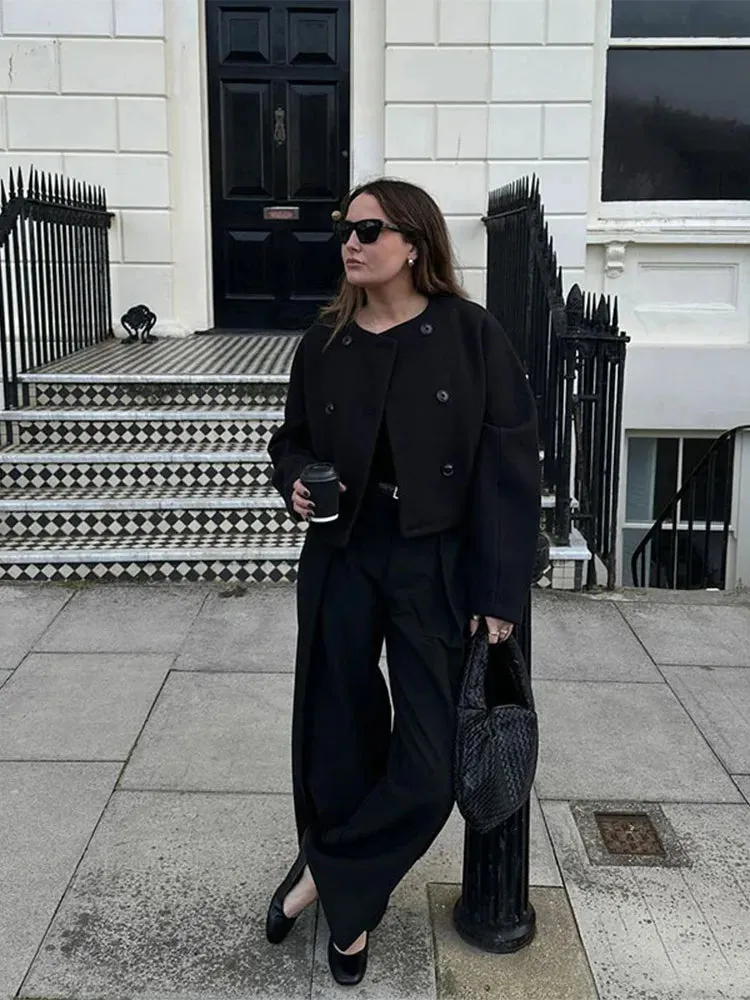 Back To School Joskaa Double Breasted Fashion Long Sleeved Women's Woolen Coat Casual Solid Color O-neck Jacket 2024 Autumn Winter Street Ladies Coats