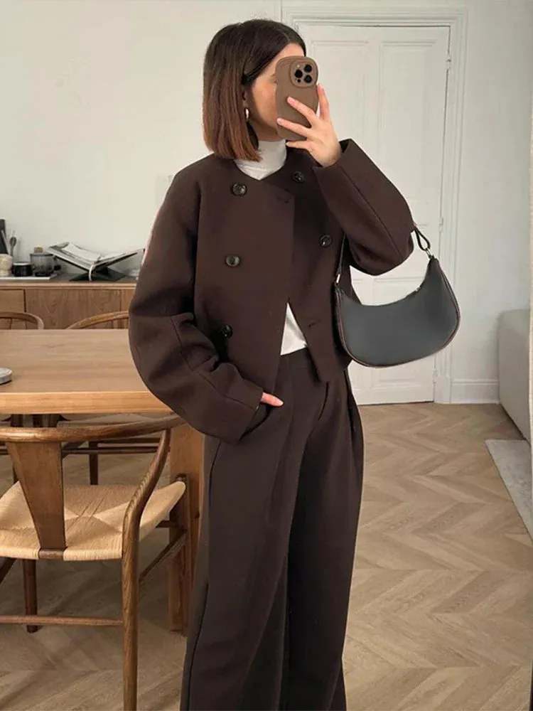 Back To School Joskaa Double Breasted Fashion Long Sleeved Women's Woolen Coat Casual Solid Color O-neck Jacket 2024 Autumn Winter Street Ladies Coats
