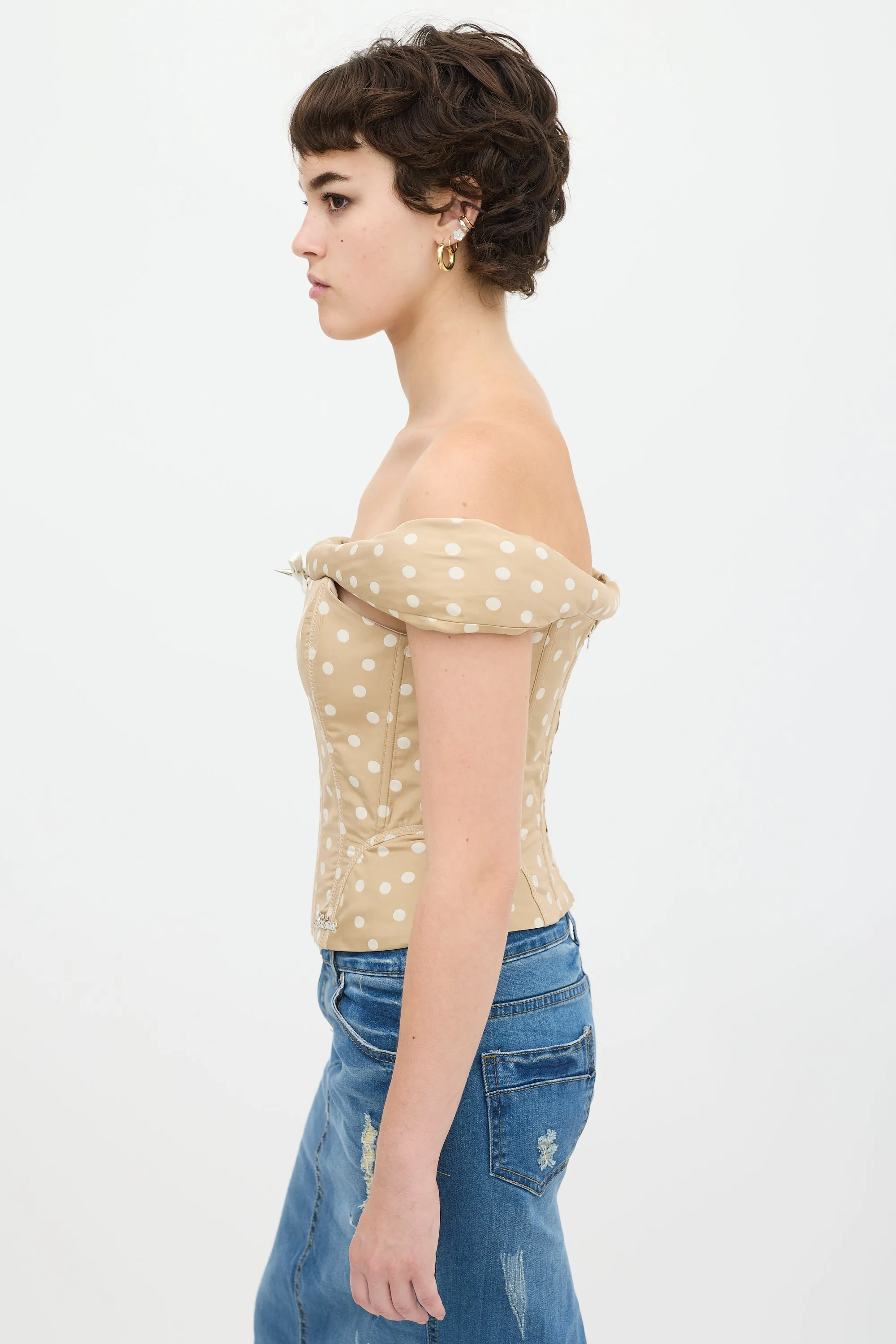 Beige & White Polka Dot Off Shoulder Corset Top