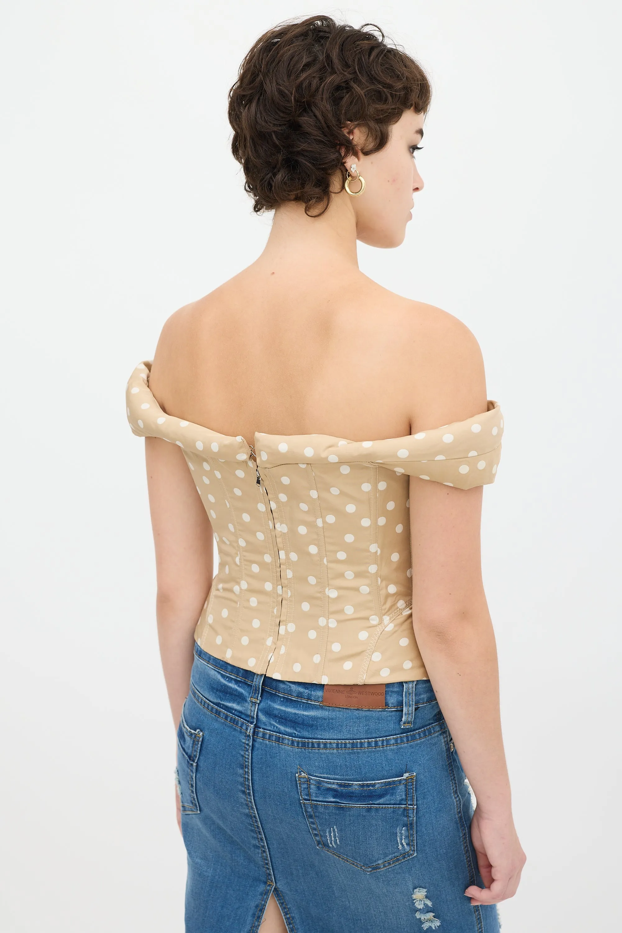 Beige & White Polka Dot Off Shoulder Corset Top