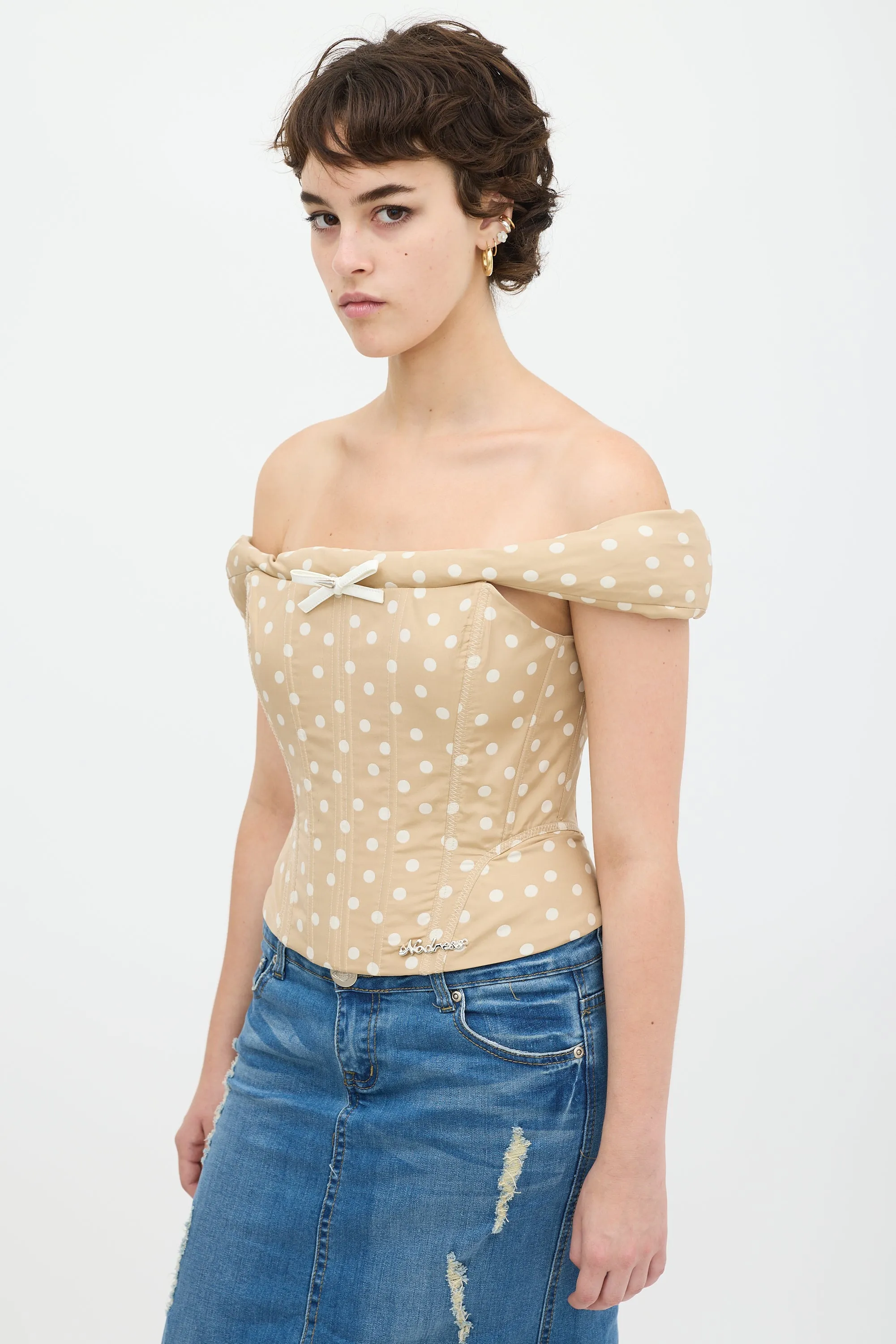 Beige & White Polka Dot Off Shoulder Corset Top