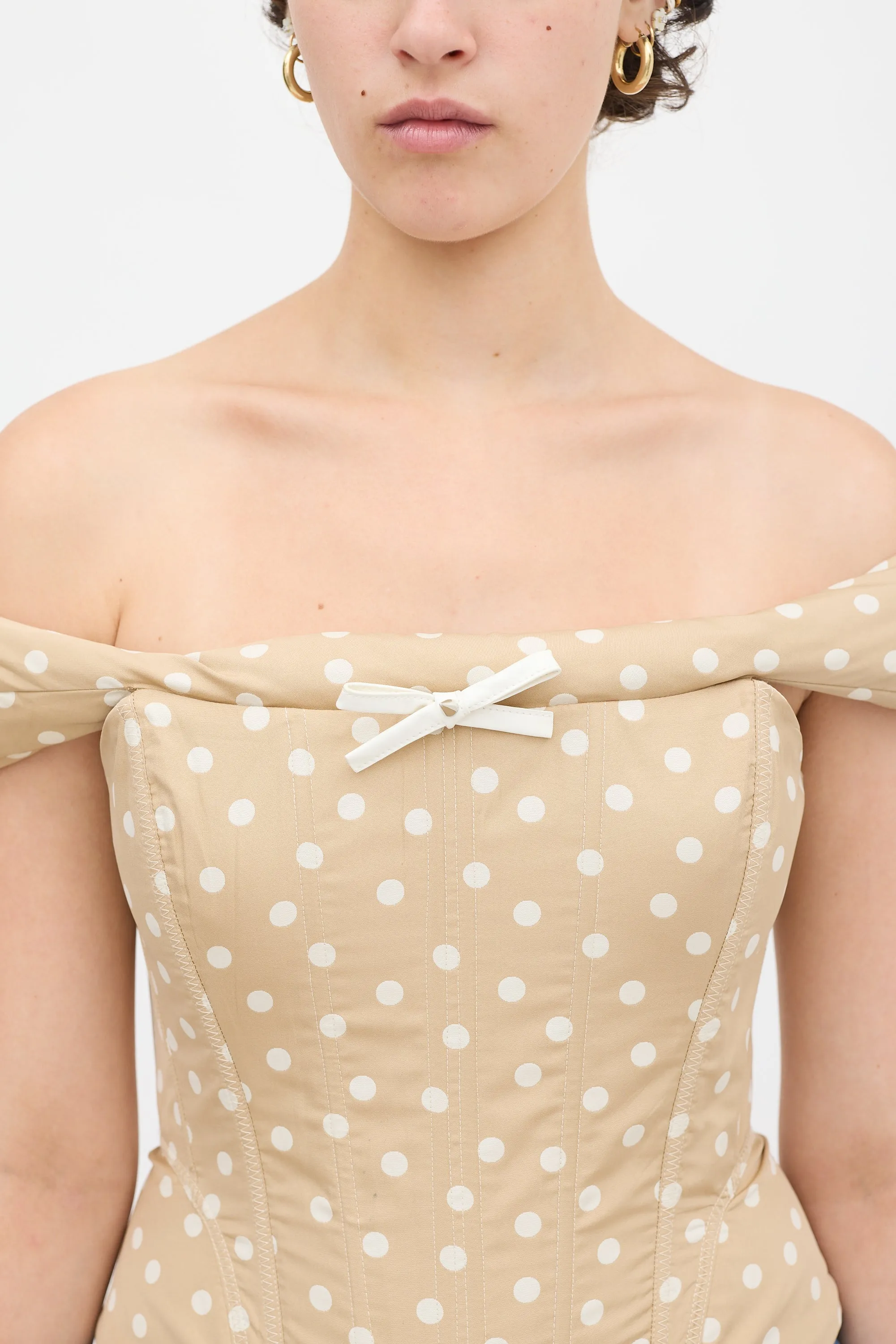 Beige & White Polka Dot Off Shoulder Corset Top