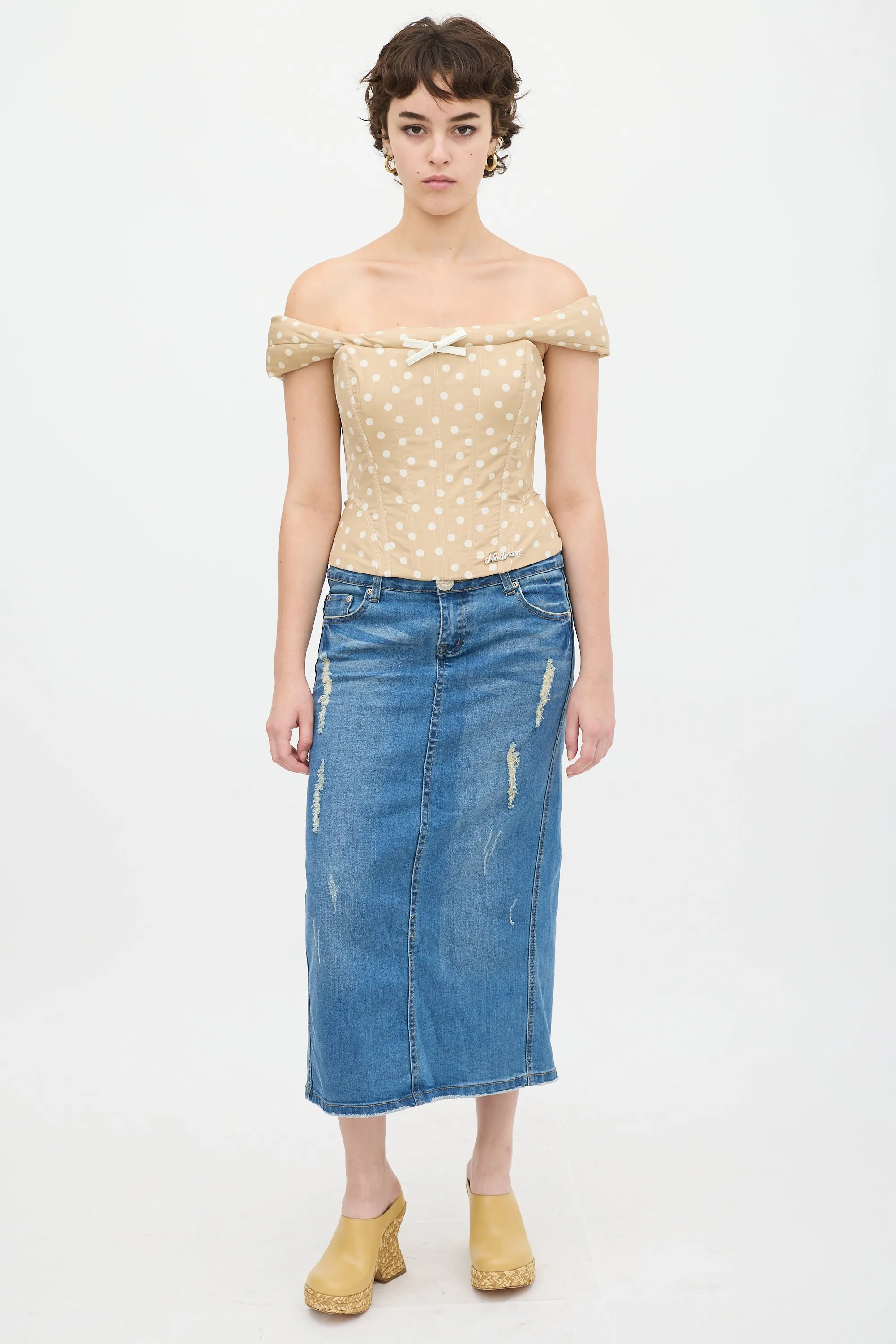 Beige & White Polka Dot Off Shoulder Corset Top