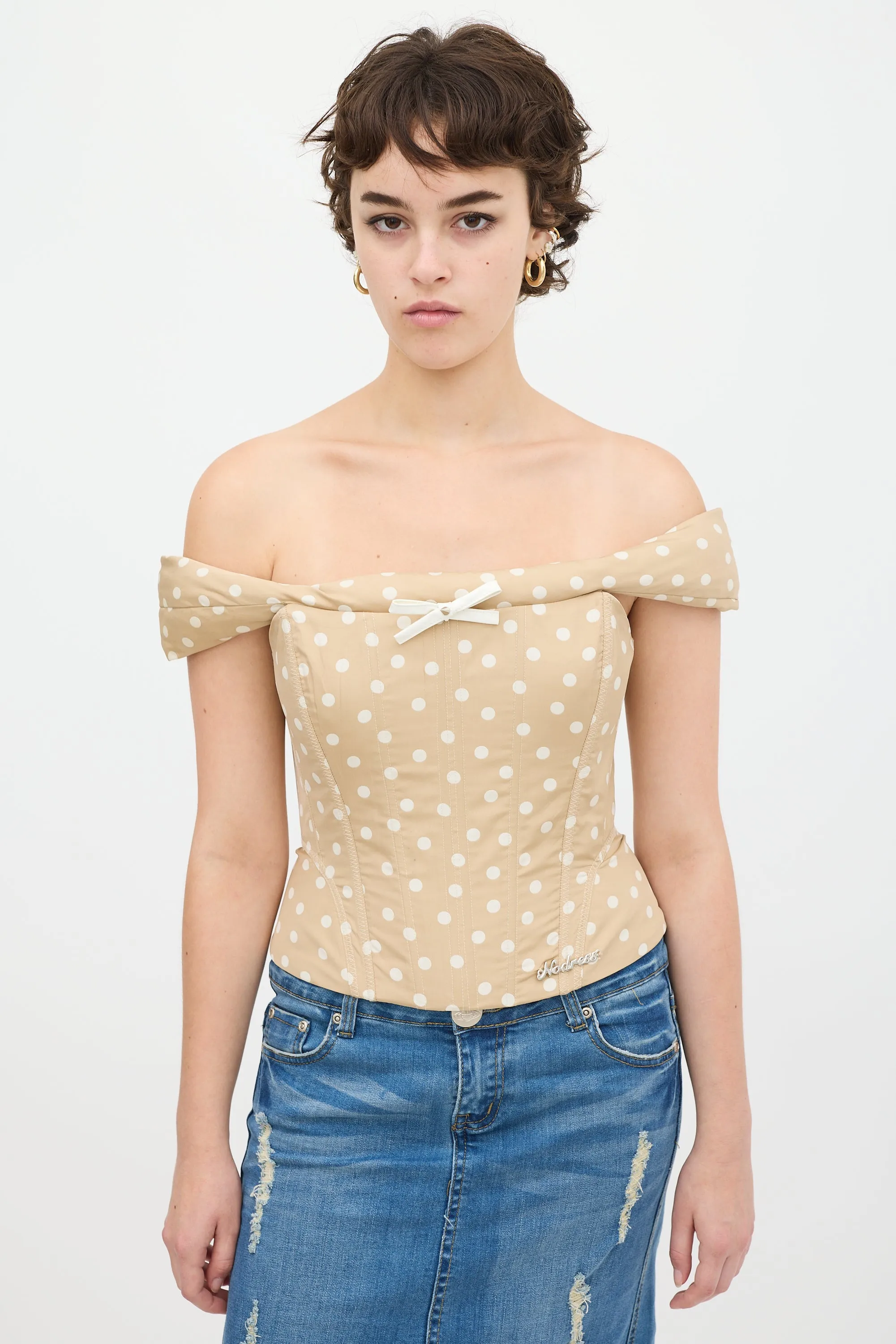 Beige & White Polka Dot Off Shoulder Corset Top