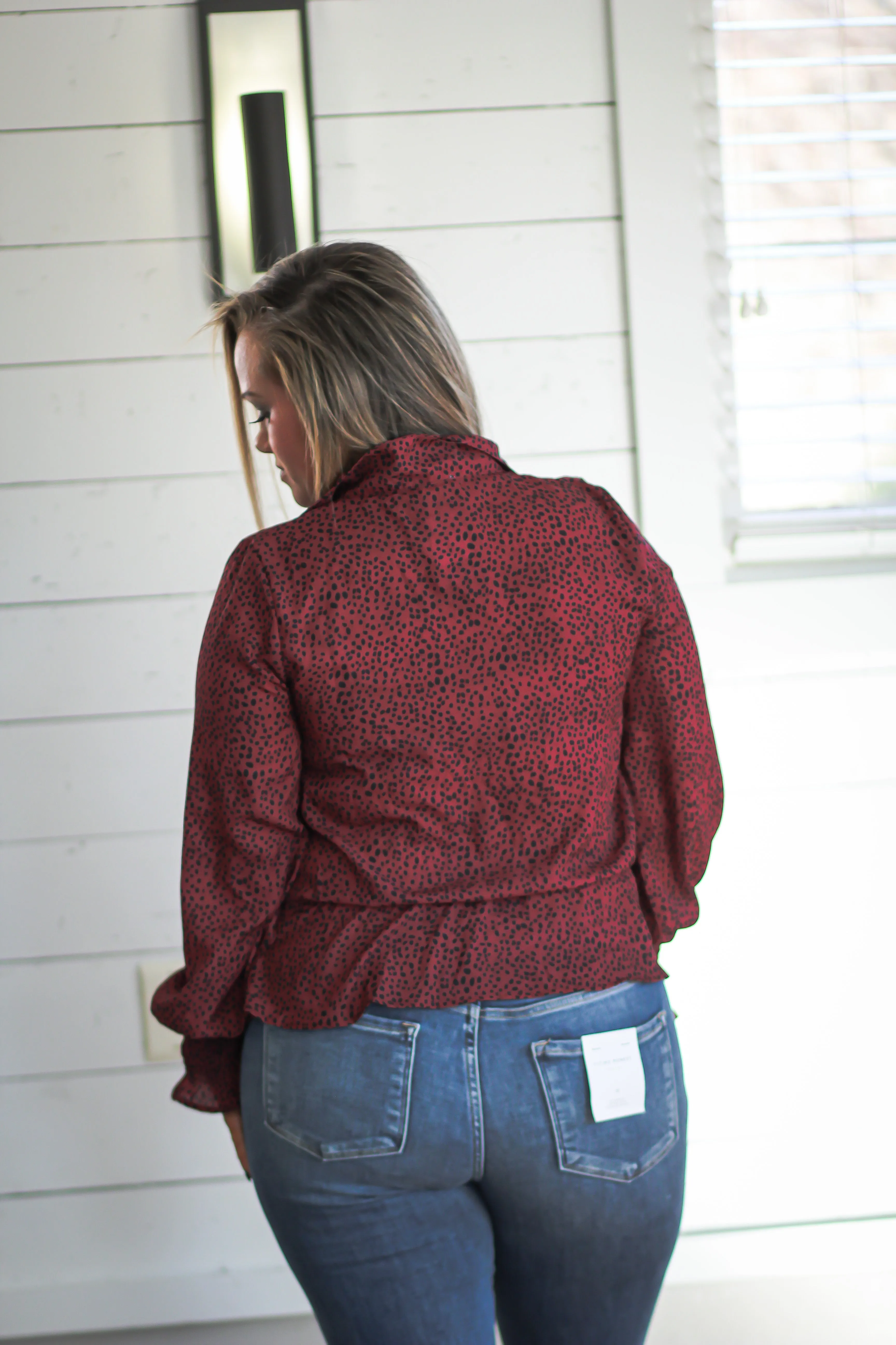 Burgundy & Black Spot Peplum Blouse