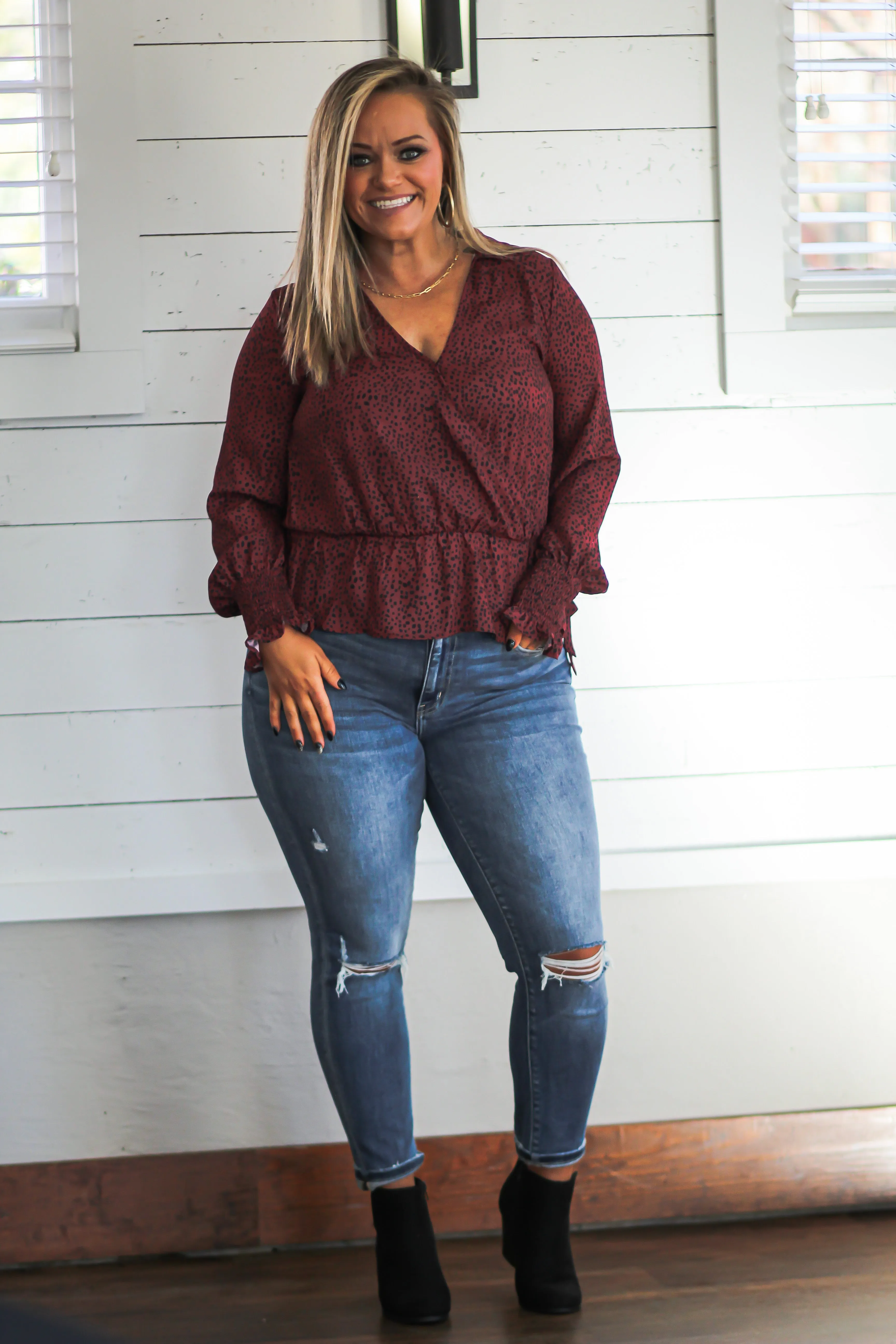 Burgundy & Black Spot Peplum Blouse
