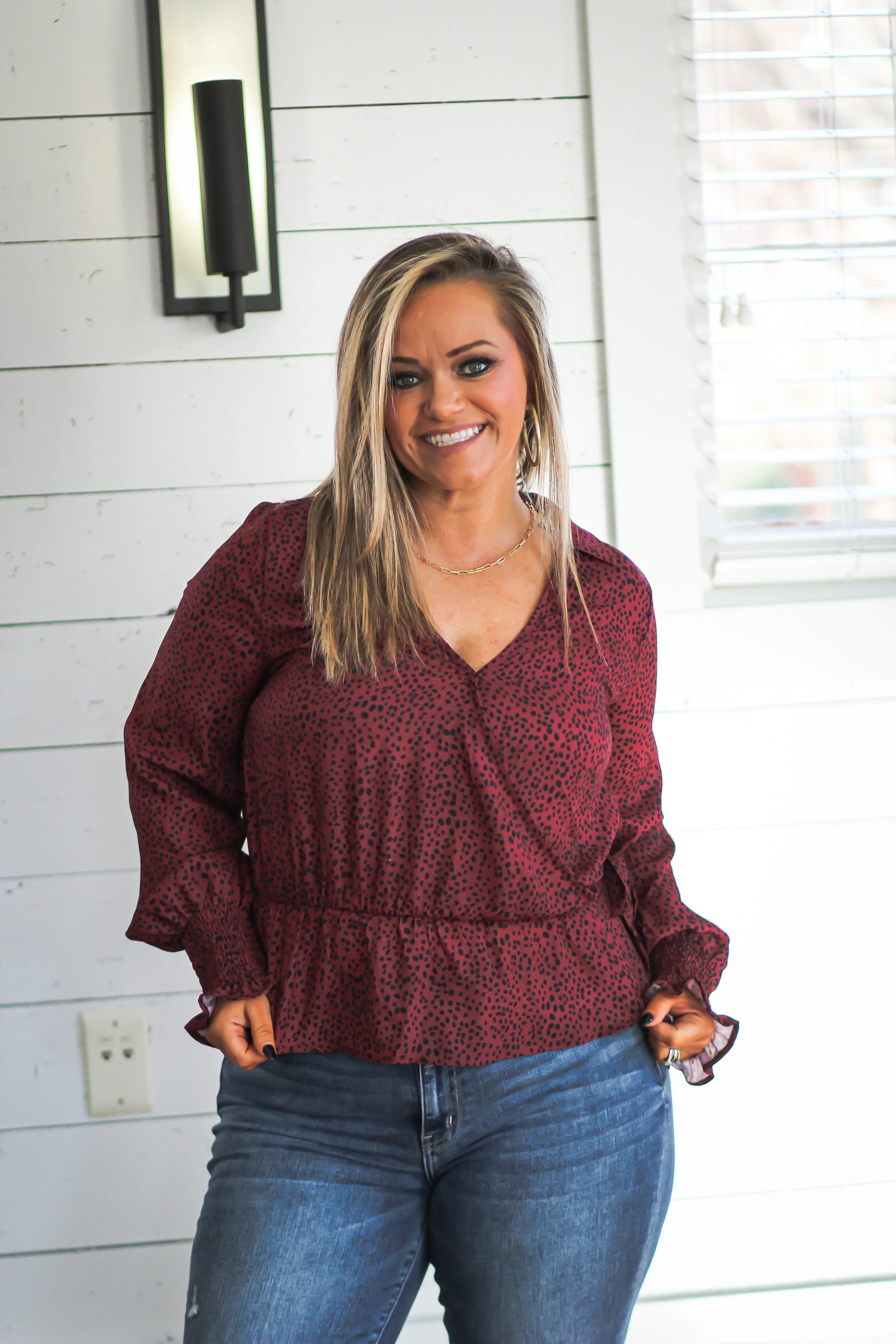 Burgundy & Black Spot Peplum Blouse