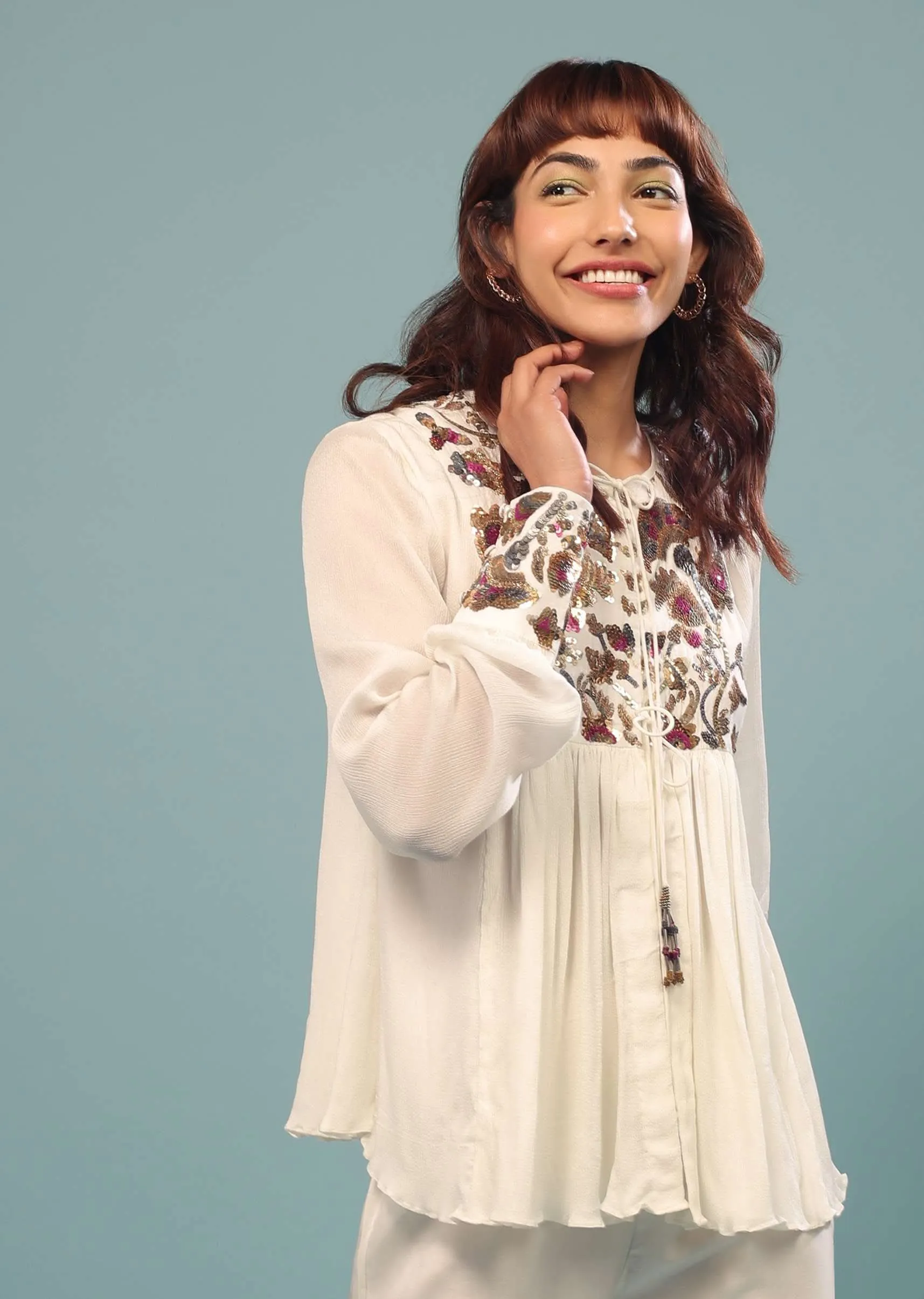 Daisy White Embroidered Co ord Set In Georgette