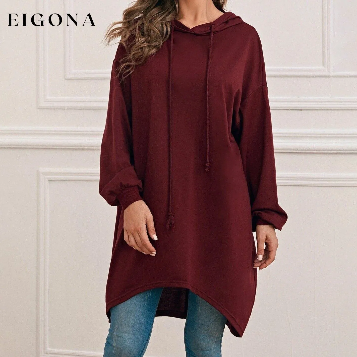 Drop Shoulder Dip Hem Thermal Longline Hoodie