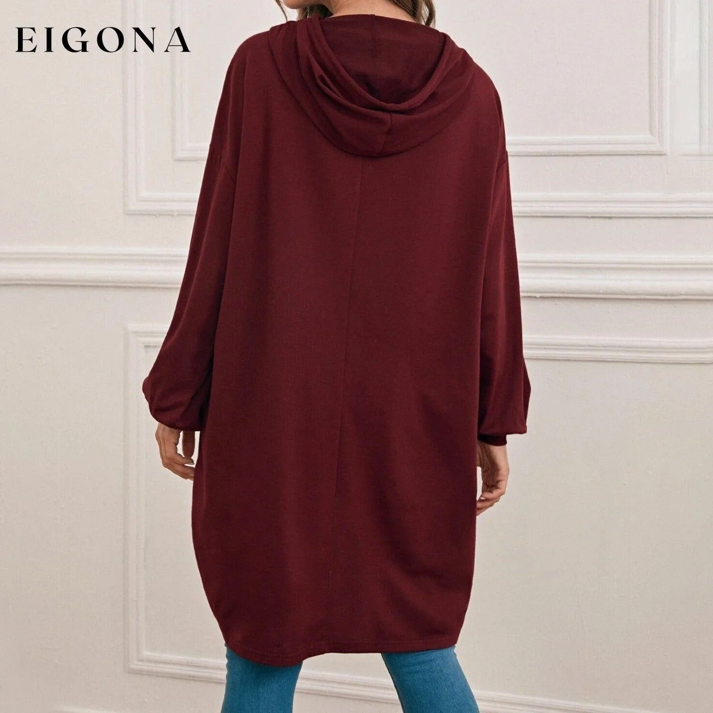 Drop Shoulder Dip Hem Thermal Longline Hoodie