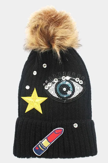 Evil Eye Lipstick Star pom pom beanie