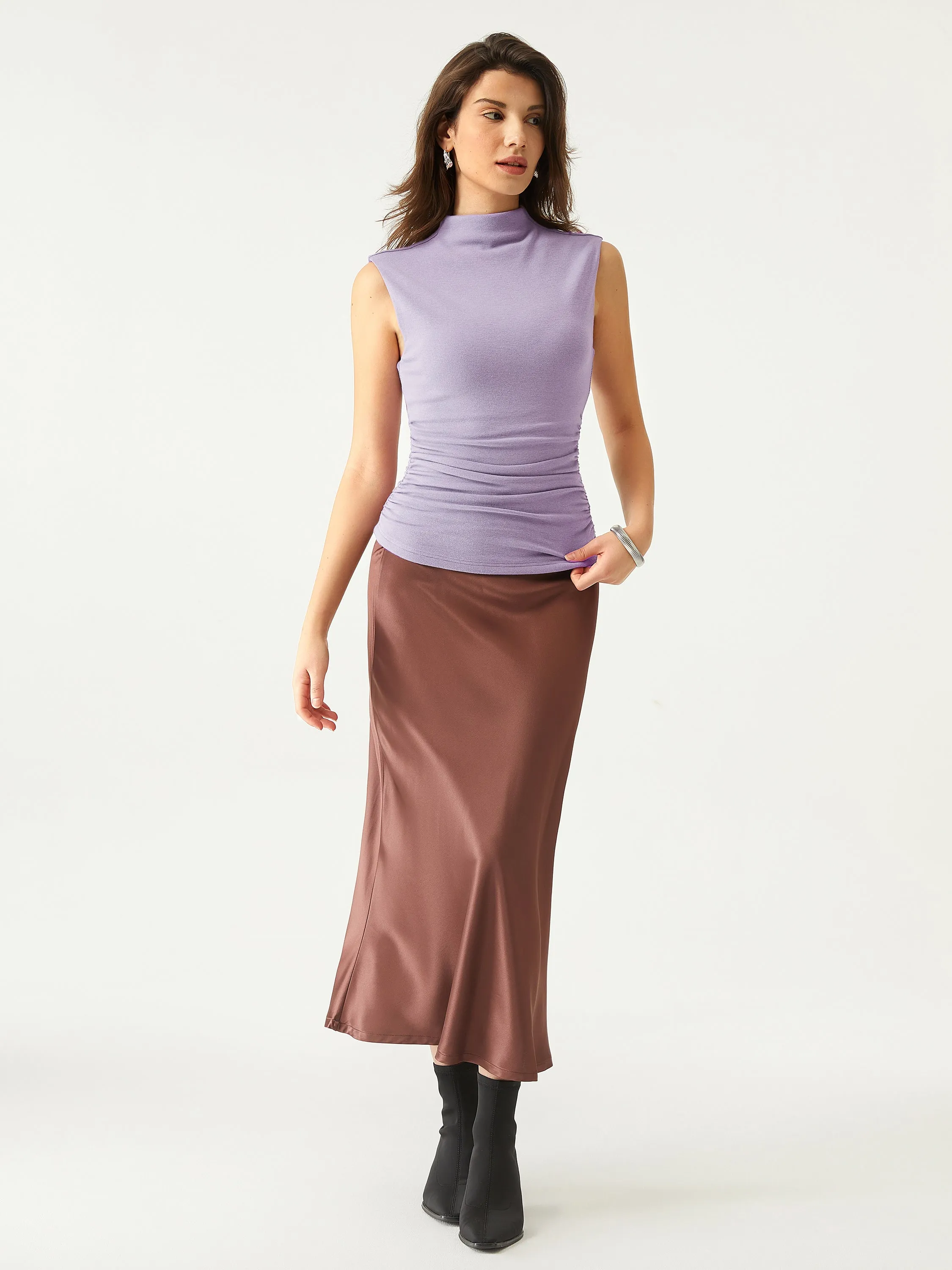 Mock Neck Ruched Sides Tank-Hip Length
