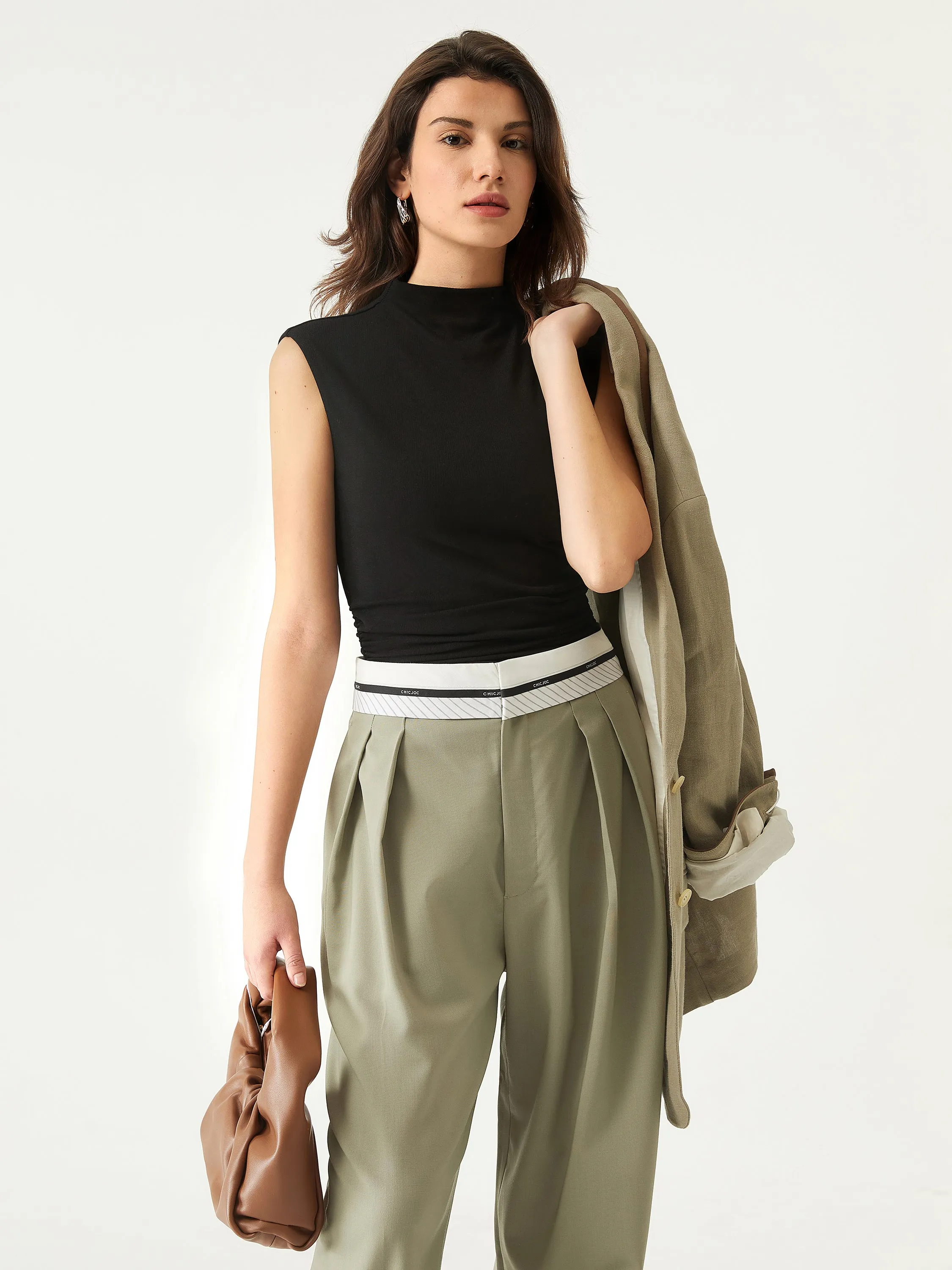 Mock Neck Ruched Sides Tank-Hip Length