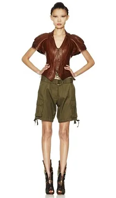 Original Alexander McQueen - Editorial, Tan Short Sleeve Peplum Leather Jacket - IT 40