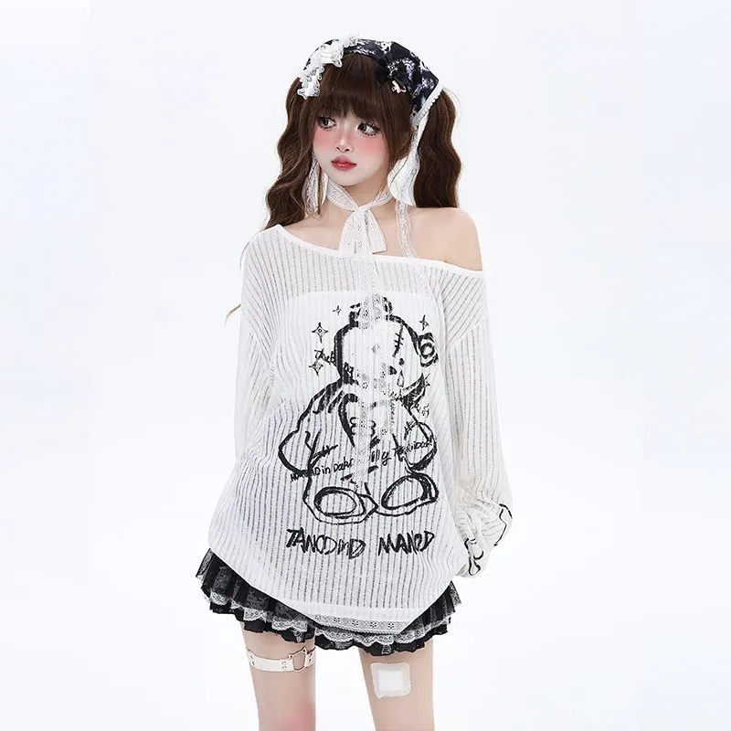 Sweet Cool Style Bear Print Off-Shoulder T-shirt
