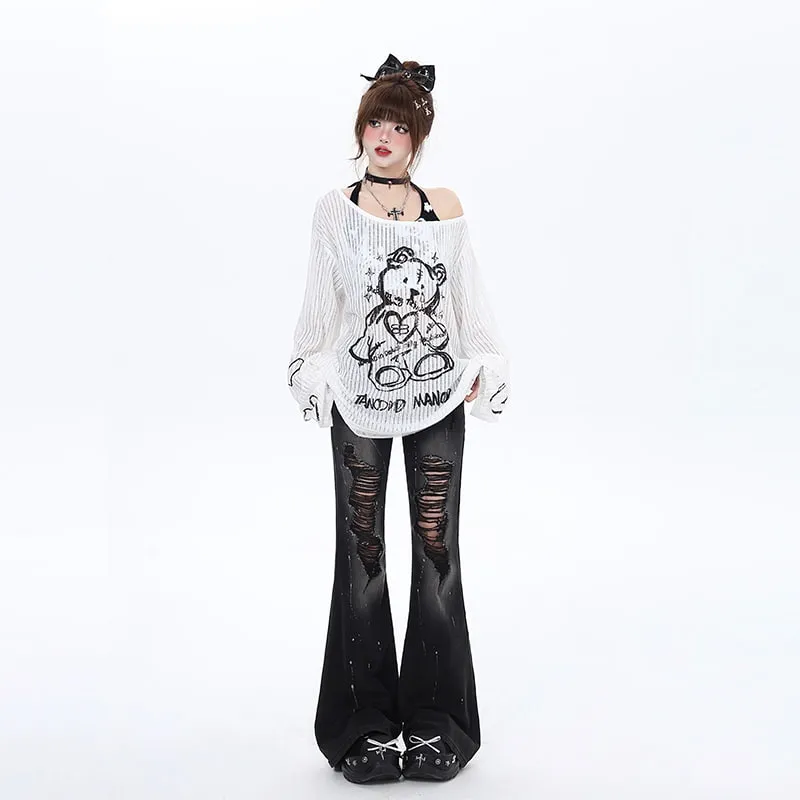 Sweet Cool Style Bear Print Off-Shoulder T-shirt
