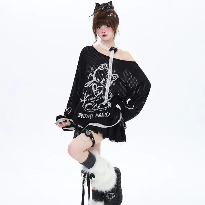 Sweet Cool Style Bear Print Off-Shoulder T-shirt