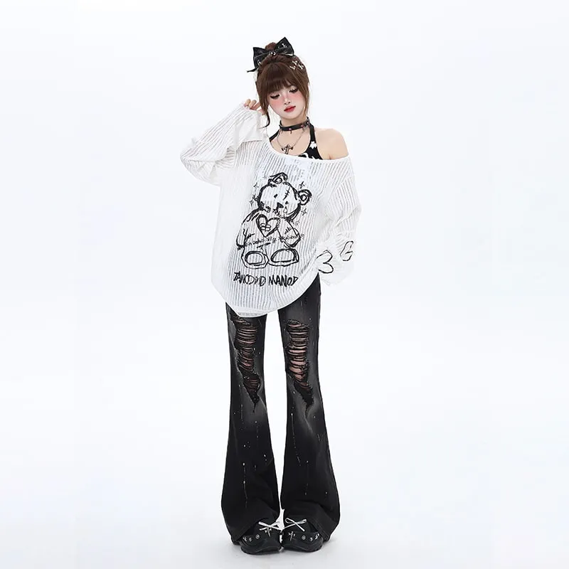 Sweet Cool Style Bear Print Off-Shoulder T-shirt
