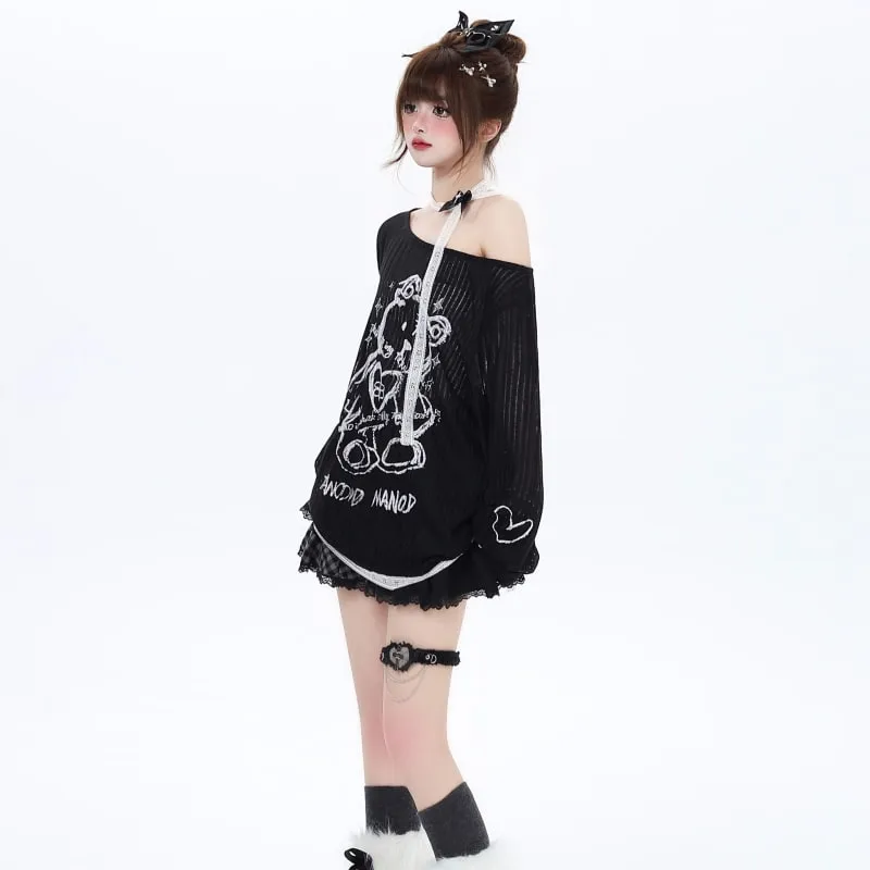 Sweet Cool Style Bear Print Off-Shoulder T-shirt