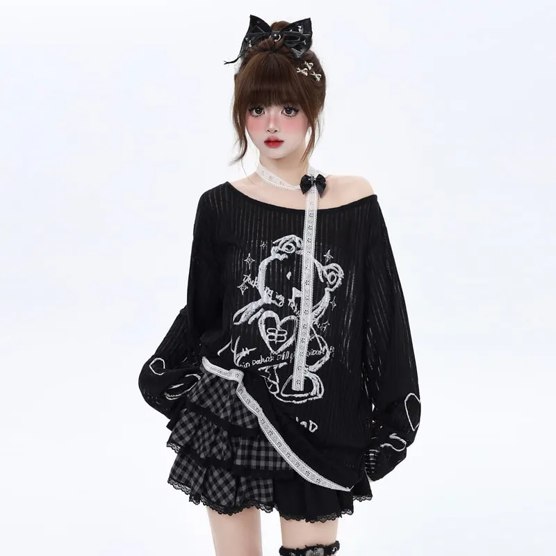 Sweet Cool Style Bear Print Off-Shoulder T-shirt